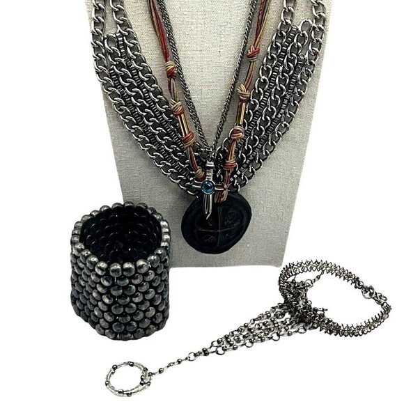 Vintage Multi-Layer Necklace & Bracelet Set With Chain Beaded Cuff & Rings - Picture 1 of 15